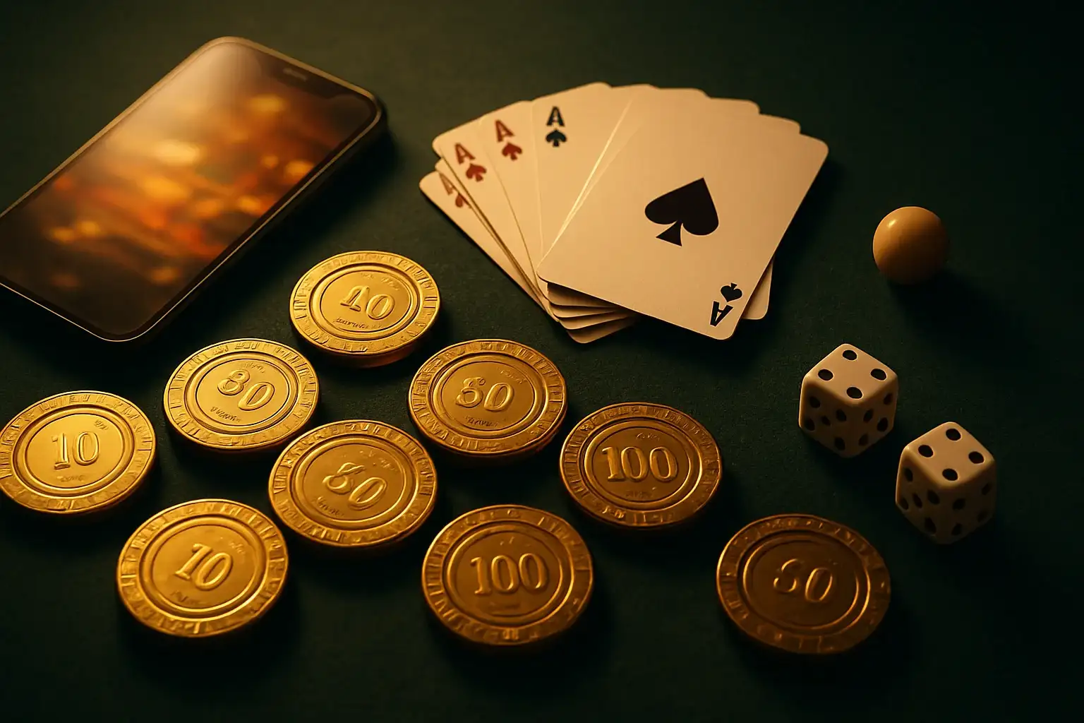 Top-down casino table with gold chips, cards, dice, roulette ball, smartphone